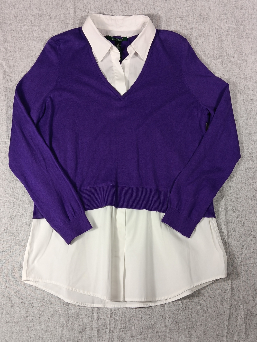 LAUREN Ralph Lauren Purple V-Neck Sweater with Attached White Shirt Hem Size L